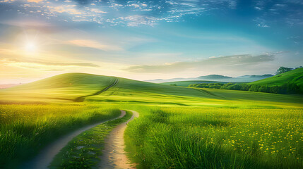 Fototapeta premium Picturesque winding path through a green grass field in hilly area in morning at dawn against blue sky with clouds. Natural panoramic spring summer landscape.