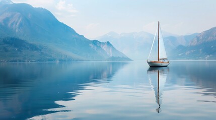 A sailboat glides on a tranquil lake, reflecting majestic mountains, forming a picturesque, peaceful scene.