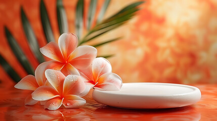 Front view of white and orange podium with and flower in a orange background for advertising , abstract content, Abstract minimal nature scene - empty stage with three white rectangle podiums