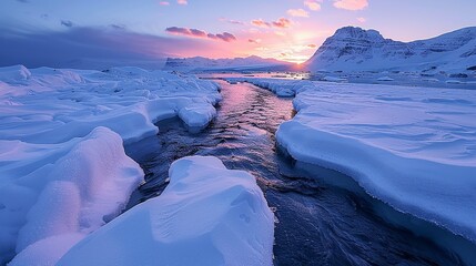 Melting glaciers feeding into a river, demonstrating the link between glacial retreat and water scarcity in regions dependent on glacial meltwater.