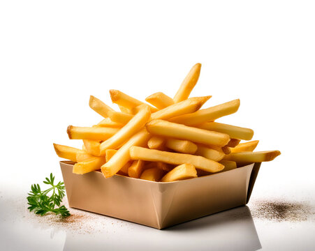 a box of french fries with parsley on top of it.