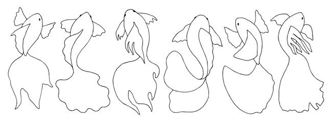 Set of graphic fish. Black and white contour drawing with various sea animals. Koi fish symbol outline. Linear sketch of children's coloring book in doodle style. Undersea world. Ocean dwellers