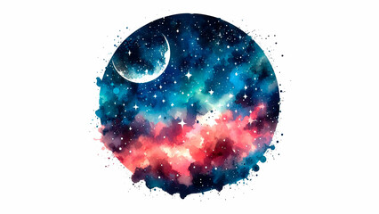 Starry sky silhouette stain in watercolor, on white background