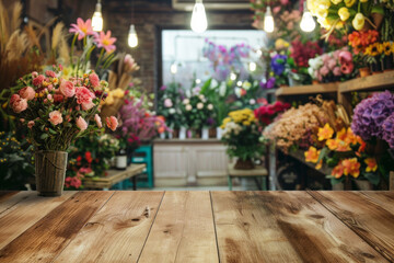 Fototapeta premium A wooden counter in the foreground with a blurred background of a flower shop. The background features various bouquets, potted plants, floral arrangements, and a colorful, fragrant display.