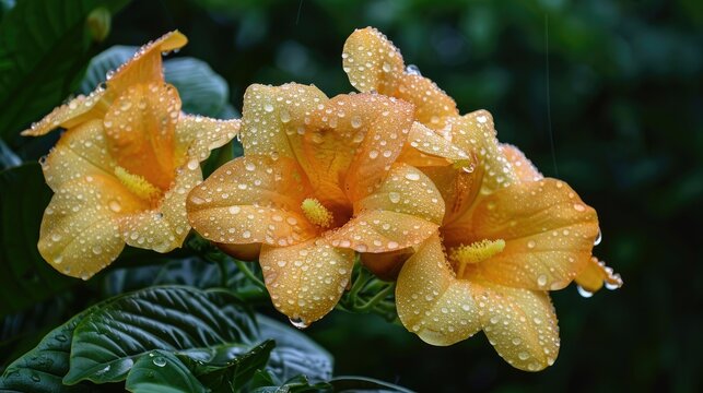 Dew covered Allamanda cathartica also known as the golden trumpet vine or yellow allamanda