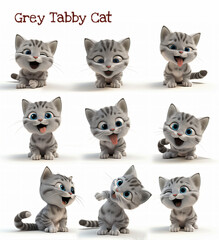 Obraz premium Set of nine adorable and expressive cartoon grey tabby cat illustrations, perfect for various designs
