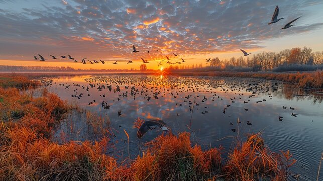 A flock of migratory birds flying over a polluted lake, underscoring the interconnectedness of ecosystems and the importance of habitat conservation.