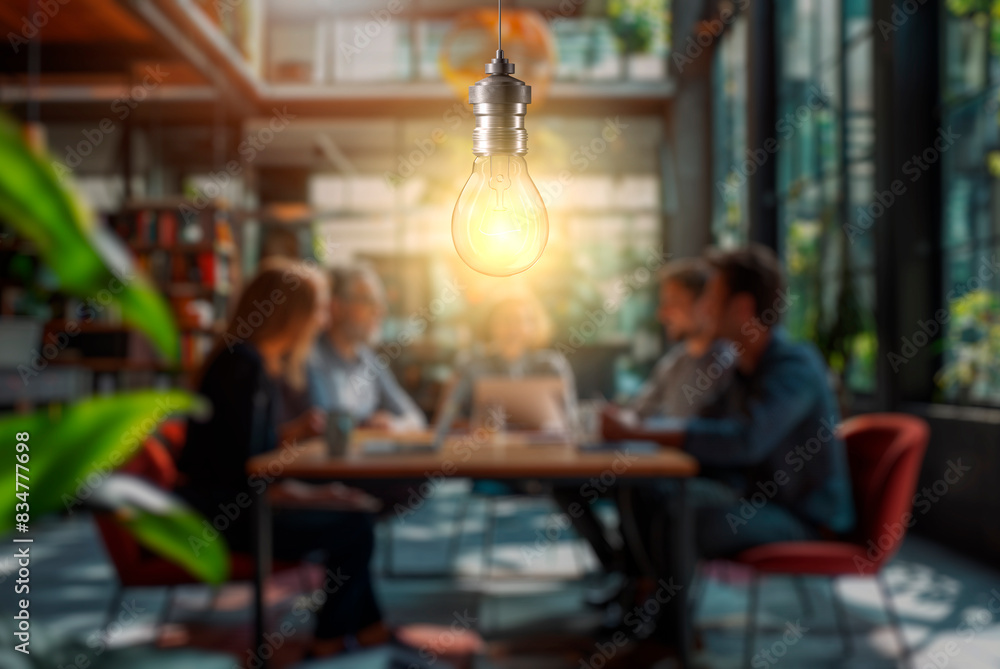 Poster a team meeting in a modern office space, with a glowing lightbulb symbolizing a concept, on a blurre