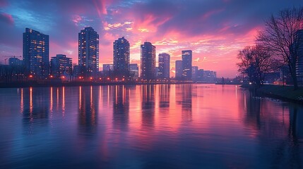 Fototapeta premium A city skyline illuminated by energy-efficient LED lights, symbolizing the transition towards sustainable urban infrastructure and reduced energy consumption.