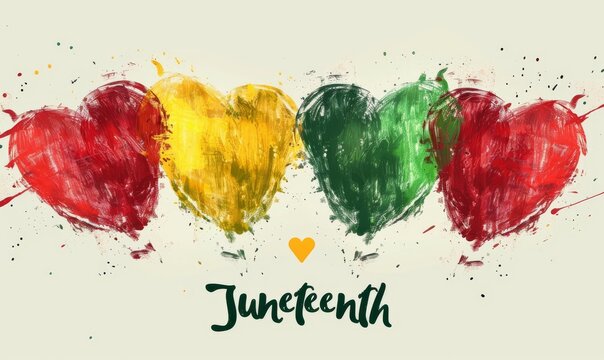 Juneteenth - lettering on background with painted hearts in red, green and yellow colors. Modern calligraphy handlettering. Freedom Day concept.