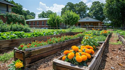 A community garden thriving with organic produce, promoting local food systems and sustainable agriculture practices.