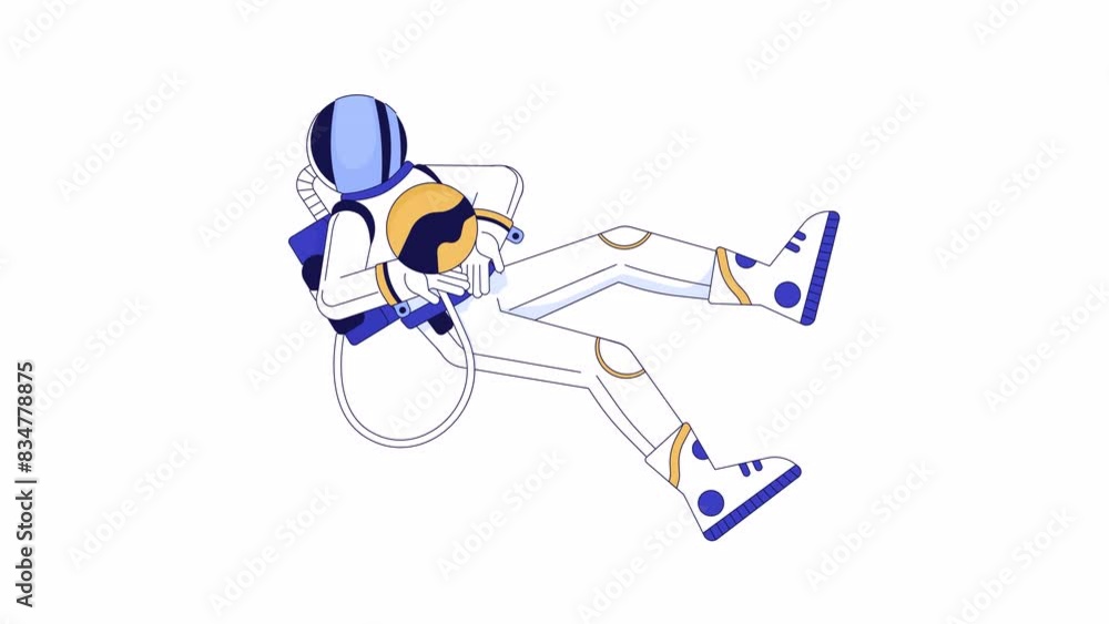 Poster astronaut holding planet line 2d character animation. outer space researching flat color cartoon 4k 
