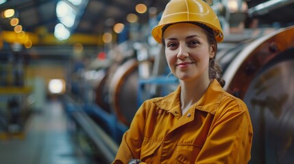 Portrait of a happy beautiful factory worker woman wearing hard hat and work clothes