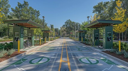 An eco-friendly transportation hub with bike lanes and electric vehicle charging stations, promoting sustainable mobility options in urban areas.