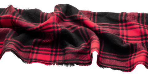 A piece of flannel fabric in red and black plaid, isolated on transparent background