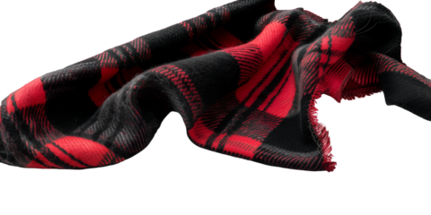 A piece of flannel fabric in red and black plaid, isolated on transparent background