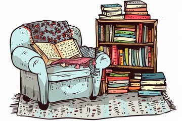 Cartoon cute doodles of a cozy reading nook with a fluffy armchair and a stack of books, Generative AI