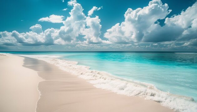 Beautiful sandy beach with white sand and rolling calm wave of turquoise ocean on Sunny day on background white clouds in blue sky. Island in Maldives, colorful perfect panoramic natural landscape.