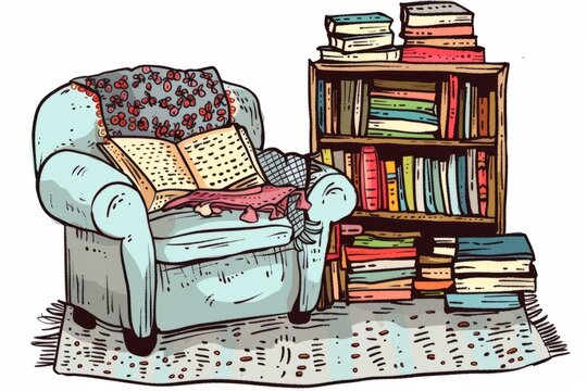 Cartoon cute doodles of a cozy reading nook with a fluffy armchair and a stack of books, Generative AI