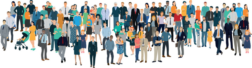 illustration vectorielle montrant une foule multi raciale de personnages d'âges et de culture différents. Familles, personnes âgées, enfants et personnes au travail en flat design.