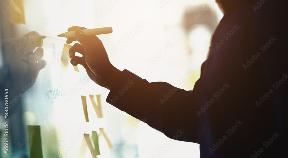 Poster hand, business and person writing, whiteboard and brainstorming for project, company growth and star
