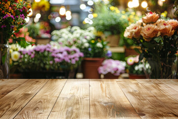 A wooden counter in the foreground with a blurred background of a flower shop. The background features various bouquets, potted plants, floral arrangements, and a colorful, fragrant display.
