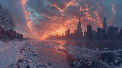 A polar vortex descending over a city skyline, demonstrating the disruptive effects of extreme weather events linked to climate change.