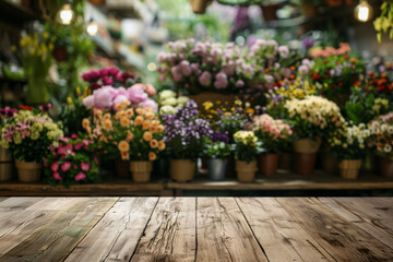 A wooden counter in the foreground with a blurred background of a flower shop. The background features various bouquets, potted plants, floral arrangements, and a colorful, fragrant display.