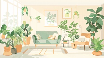 Fototapeta premium Green living room with abundant plants and sunlight illustration.
