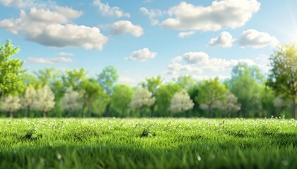Obraz premium Beautiful blurred background image of spring nature with a neatly trimmed lawn surrounded by trees against a blue sky with clouds on a bright sunny day.