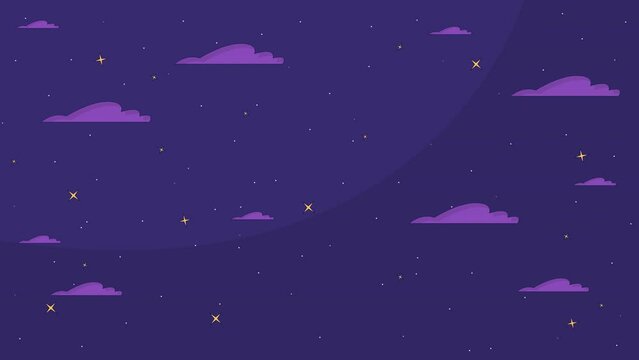 Dark evening sky cartoon animation. Inspiring starry skies 4K video motion graphic. Fluffy clouds and sparkling stars 2D animated background full frame, after hours aesthetic lofi live wallpaper