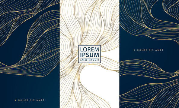 Vector set of wave gold patterns. luxury abstract line art, elegant curve textures. Premium labels, cards, minimal package, glitter silk shapes