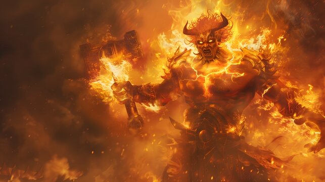 Furyon, God of Wrath: A fierce deity with burning eyes and a tempestuous aura, holding a warhammer