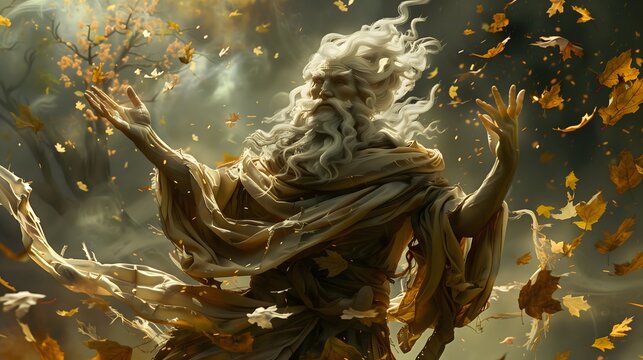 Zephyros, God of the Winds: A majestic figure with flowing robes, surrounded by swirling gusts and leaves