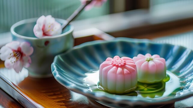 A beautiful plate of traditional Japanese wagashi sweets, made with fresh, seasonal ingredients.