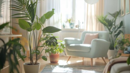 Sunlit living room with lush green plants and comfortable armchair.