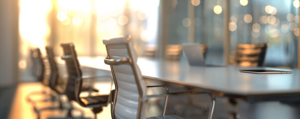Blurred background of a modern office meeting room with a table and chairs for a business concept