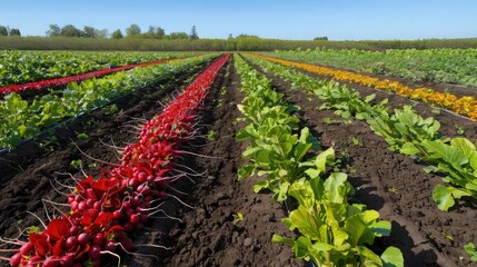 A meticulously organized garden with alternating rows of red radishes and golden beets, the soil dark and rich, under a clear blue sky.