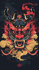 Vector illustration of a Chinese dragon head with fire and smoke on a black background
