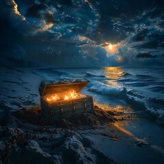 An intriguing low-angle perspective of a treasure chest being discovered on a remote beach at night...