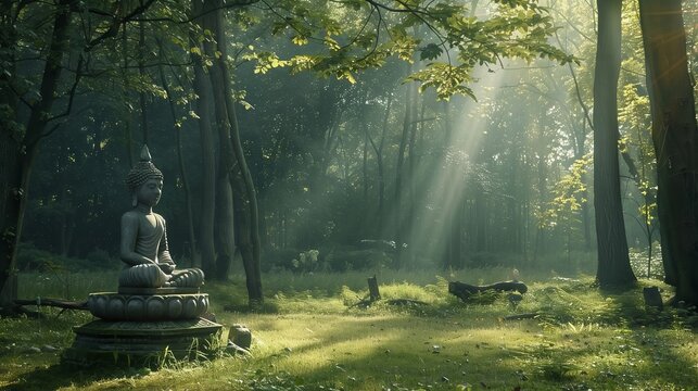 Sunlit forest clearing with a serene stone Buddha, creating an ethereal, peaceful ambiance.