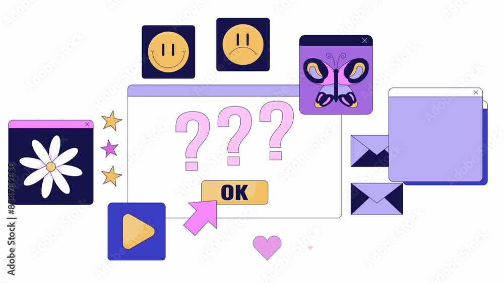 Poster computer error detection line 2d animation. old fashioned web page interface 4k video motion graphic