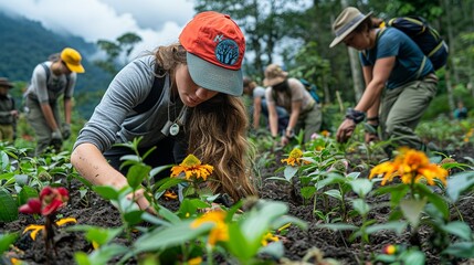 A group of activists planting trees in a deforested area, demonstrating grassroots efforts to combat deforestation and mitigate climate change.