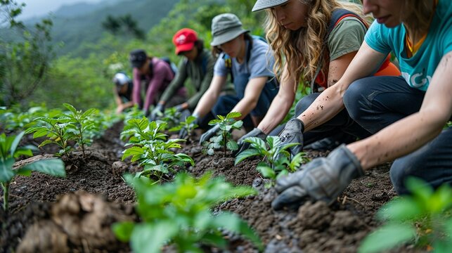 A group of activists planting trees in a deforested area, demonstrating grassroots efforts to combat deforestation and mitigate climate change.