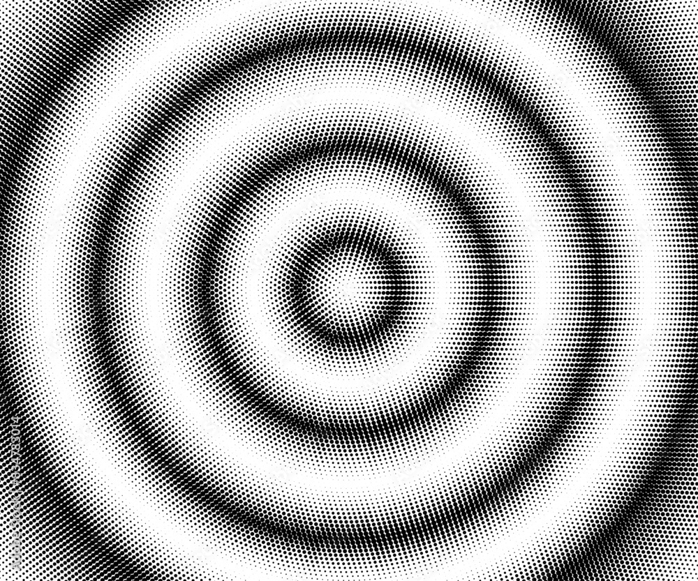 Poster abstract halftone bg with radial black and white waves. circular pattern with raster texture. music 