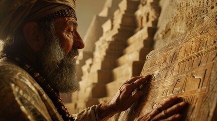 An old man looking at a stone tablet inscribed with ancient writings.