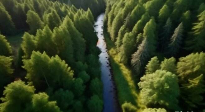 Video camera movement from above, dense forest and river, realistic beauty of nature, aesthetically designed, cinematic lighting, video futage.
