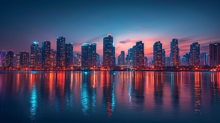 A city skyline illuminated by energy-efficient LED lights, symbolizing the transition to sustainable urban infrastructure.