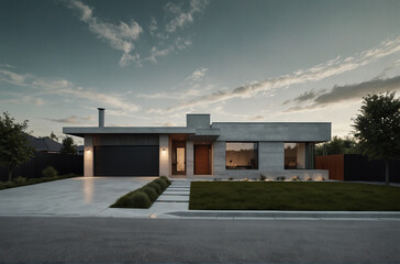 A stylish modern house built with exposed concrete walls and expansive windows.