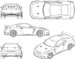 Sketch illustration vector detailed design drawing of flat sports racing car, exclusive model for the Crazy Rich collection